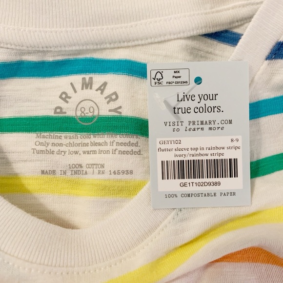 Pimary Flutter Sleeve Rainbow Stripe Top size 8-9 New With Tags - Picture 2 of 3